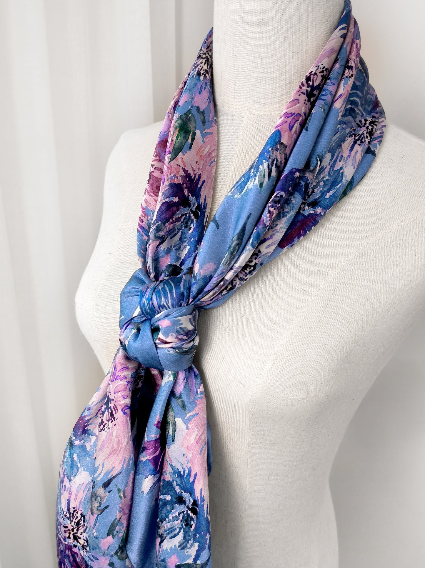 Petal Vibe Print Scarf – Blue & Pink – Silk Wool Modal Blend