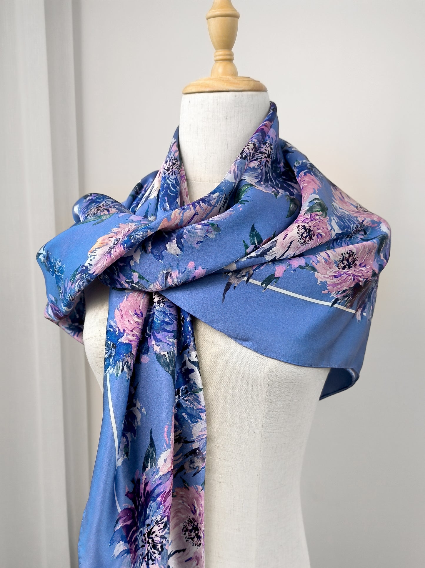 Petal Vibe Print Scarf – Blue & Pink – Silk Wool Modal Blend