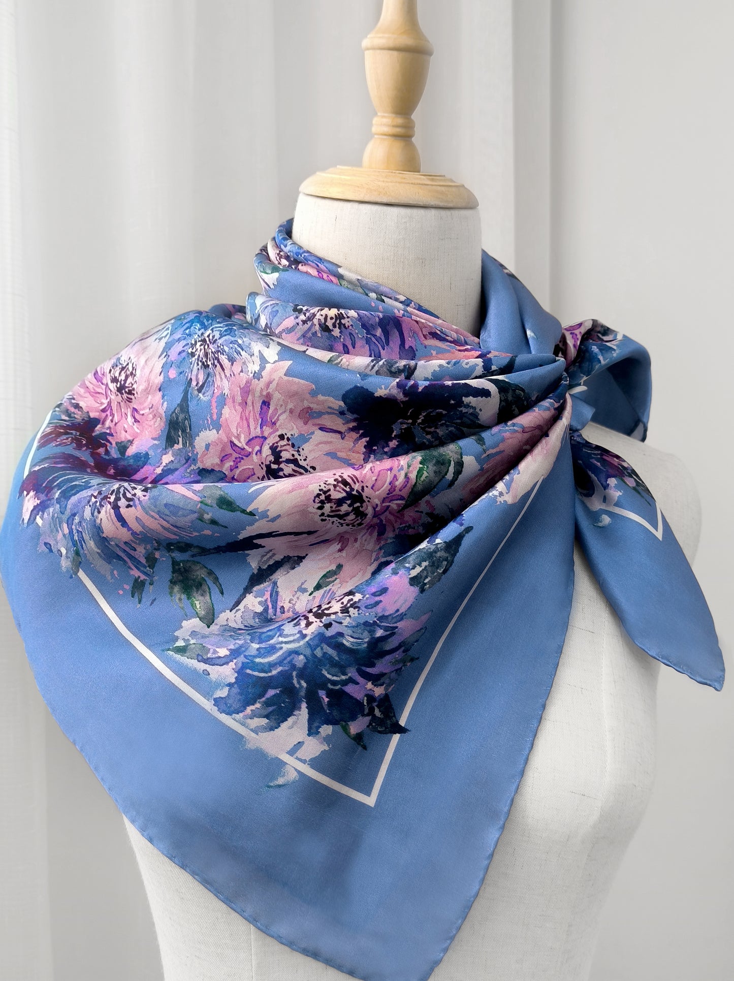 Petal Vibe Print Scarf – Blue & Pink – Silk Wool Modal Blend