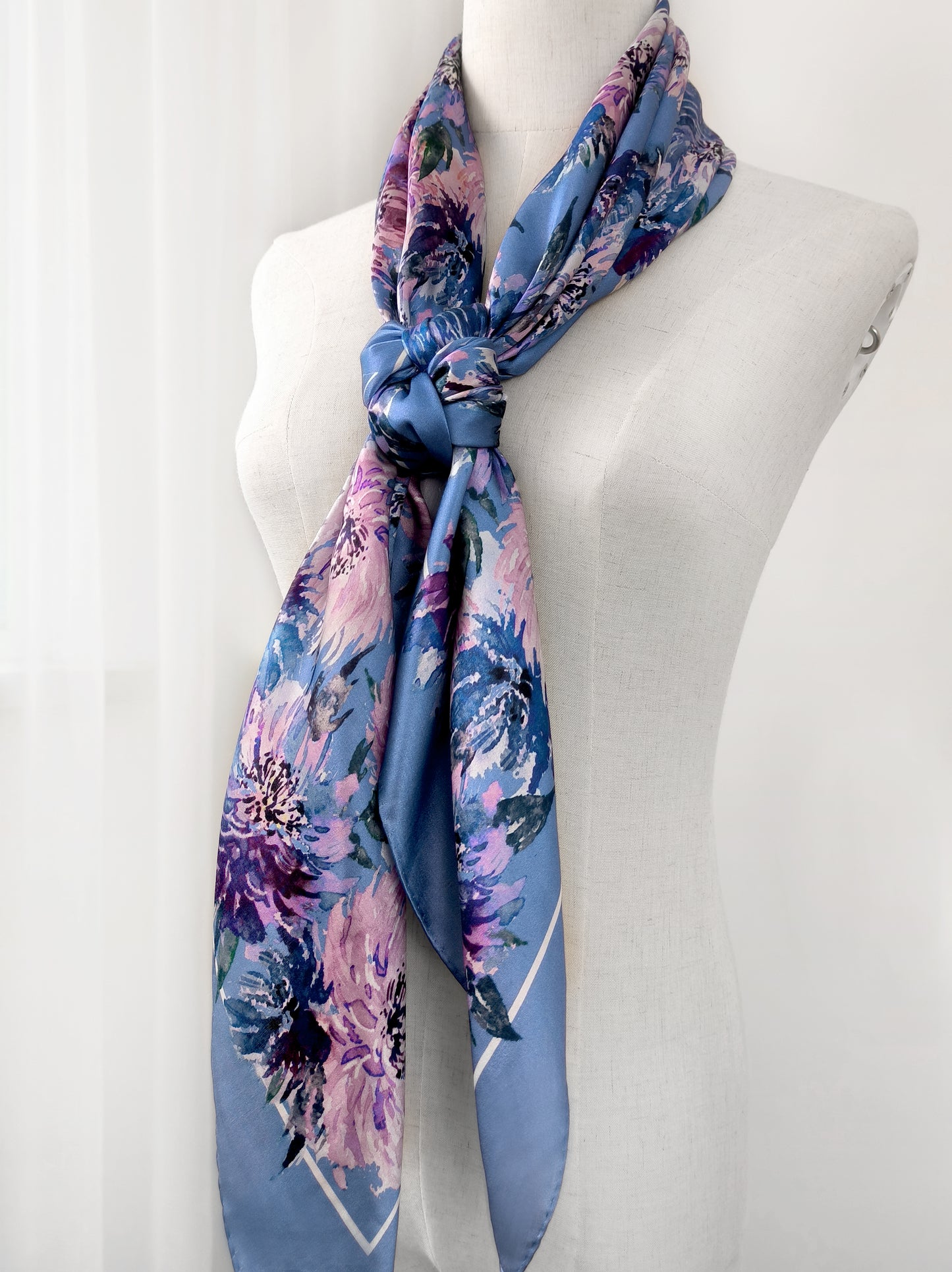 Petal Vibe Print Scarf – Blue & Pink – Silk Wool Modal Blend