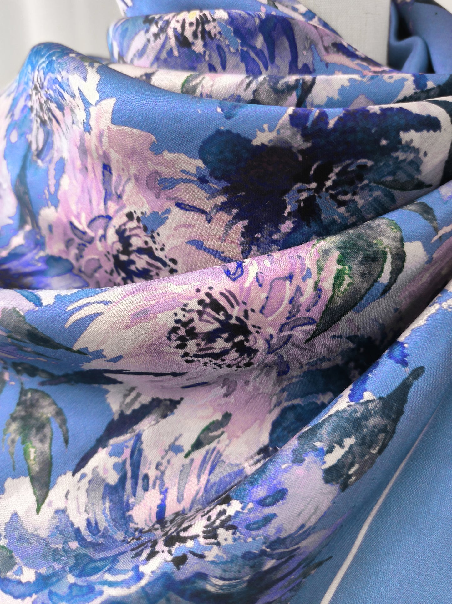 Petal Vibe Print Scarf – Blue & Pink – Silk Wool Modal Blend