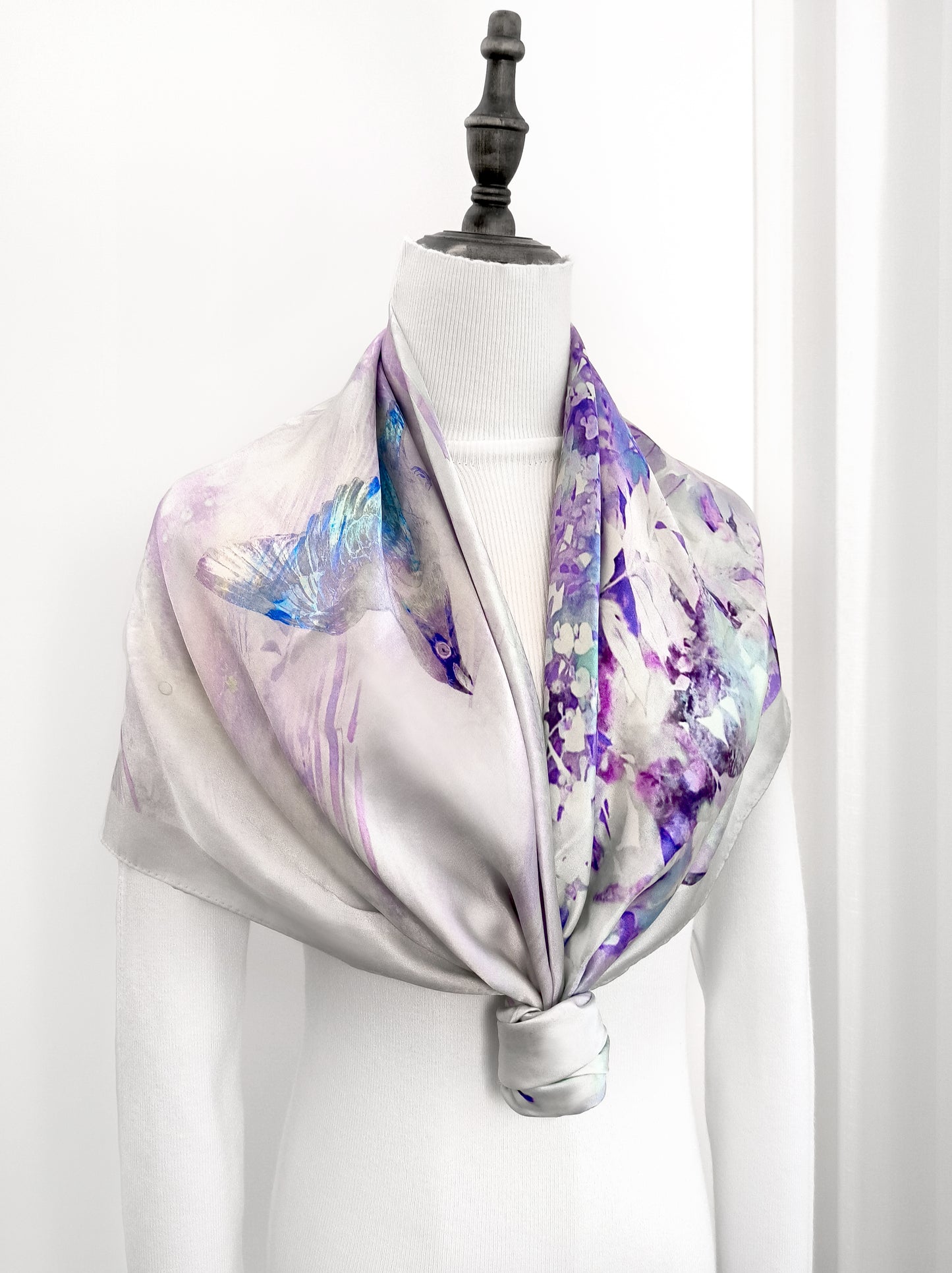 Vine and Wave Square Scarf – Pastel Purple – Silk Wool Modal Blend