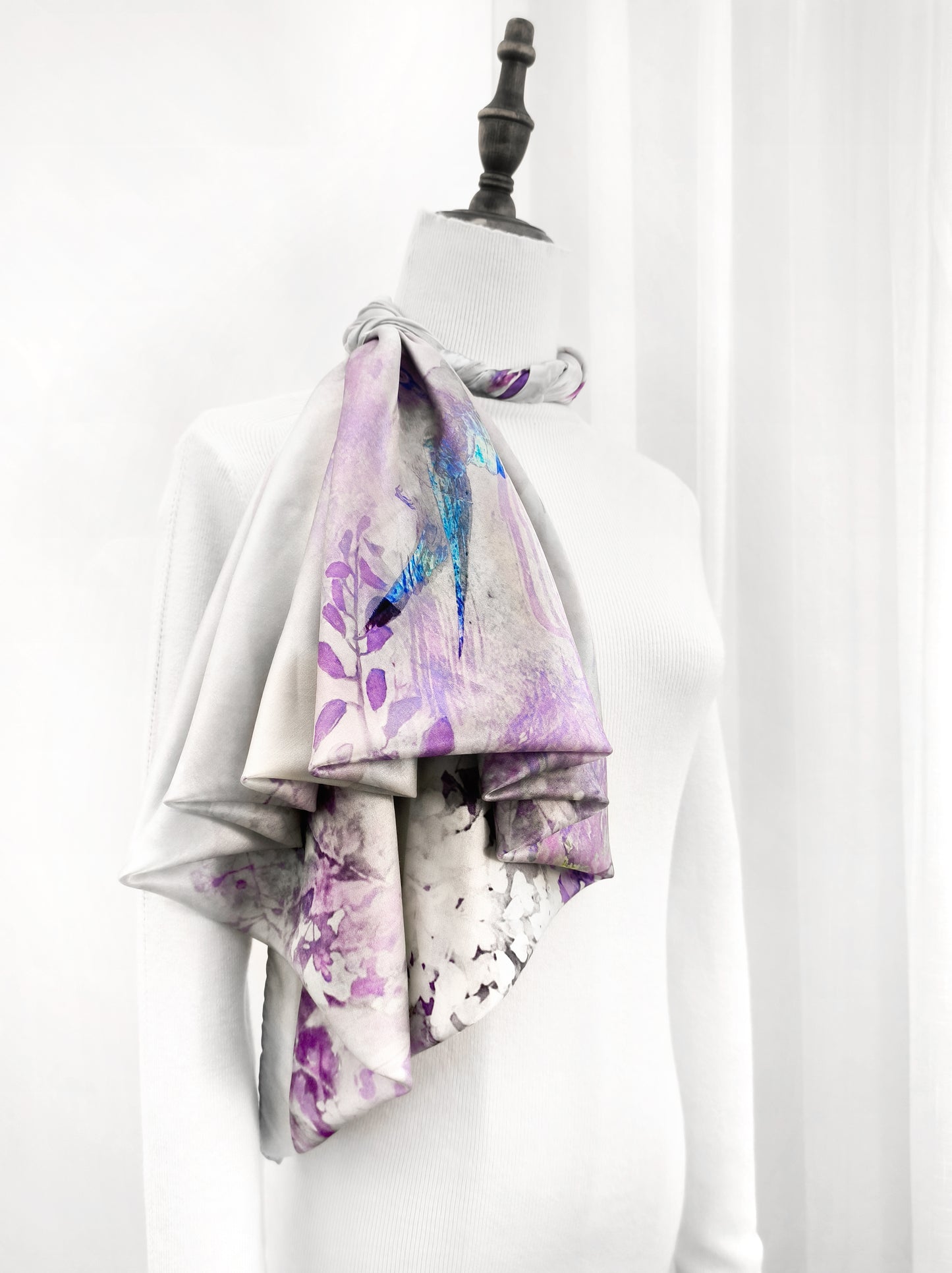 Vine and Wave Square Scarf – Pastel Purple – Silk Wool Modal Blend