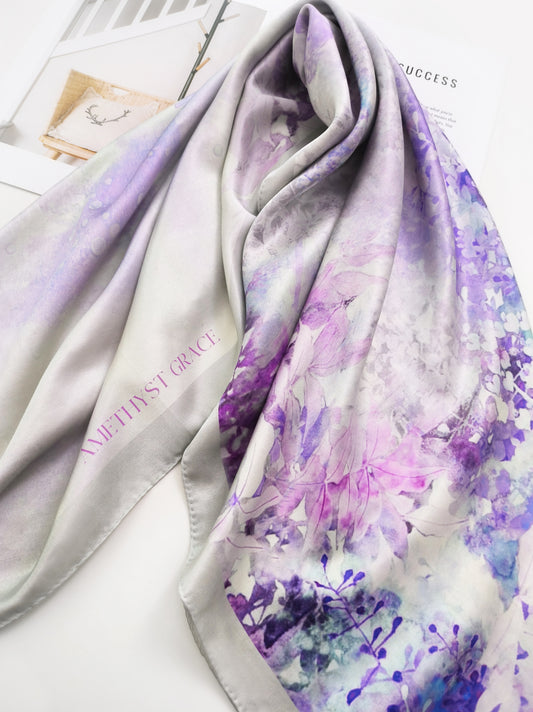 Vine and Wave Square Scarf – Pastel Purple – Silk Wool Modal Blend