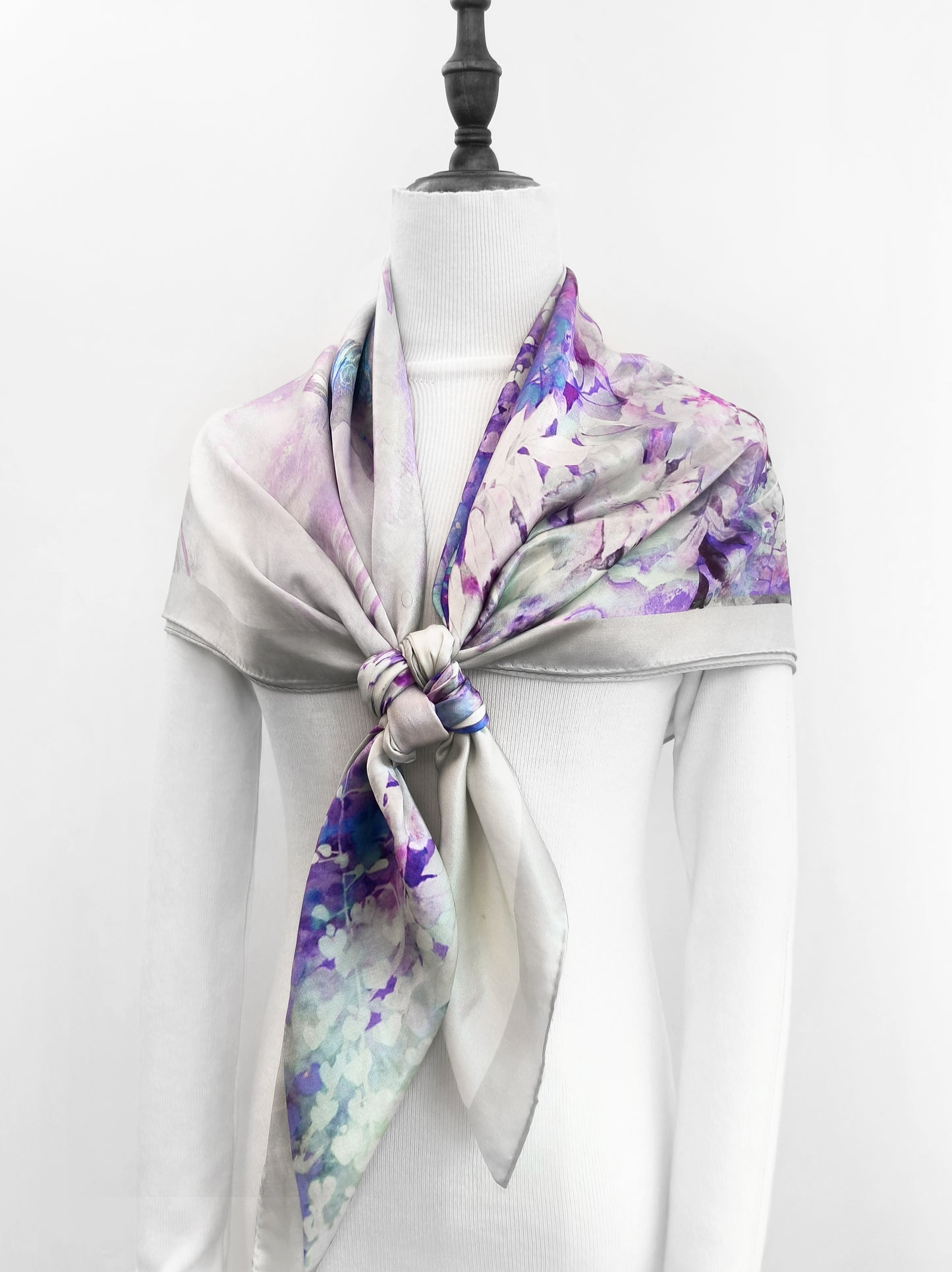 Vine and Wave Square Scarf – Pastel Purple – Silk Wool Modal Blend