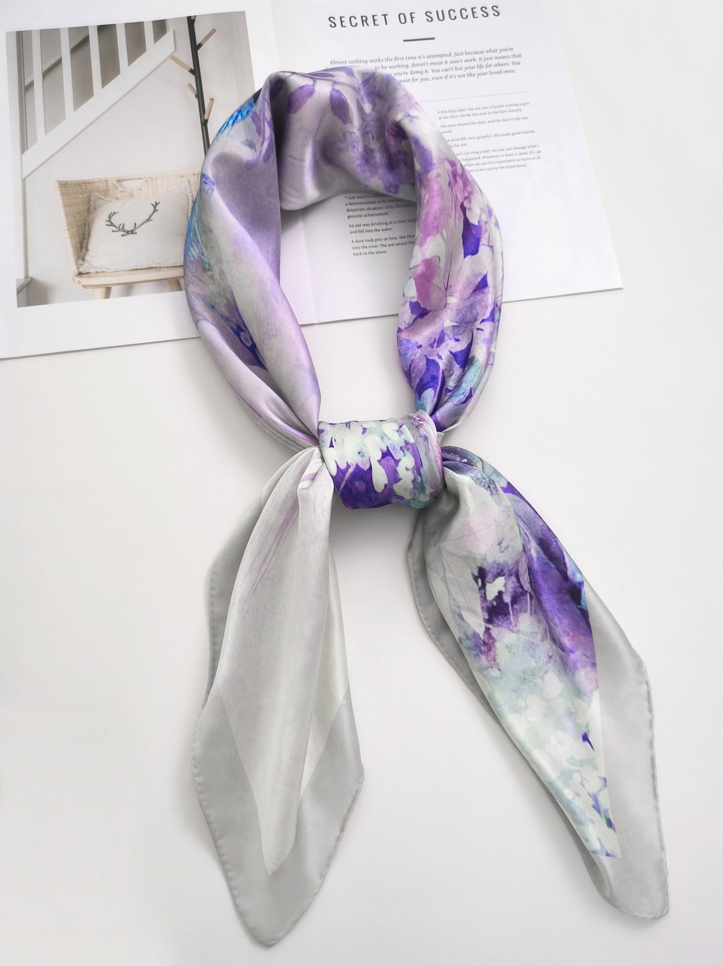 Vine and Wave Square Scarf – Pastel Purple – Silk Wool Modal Blend