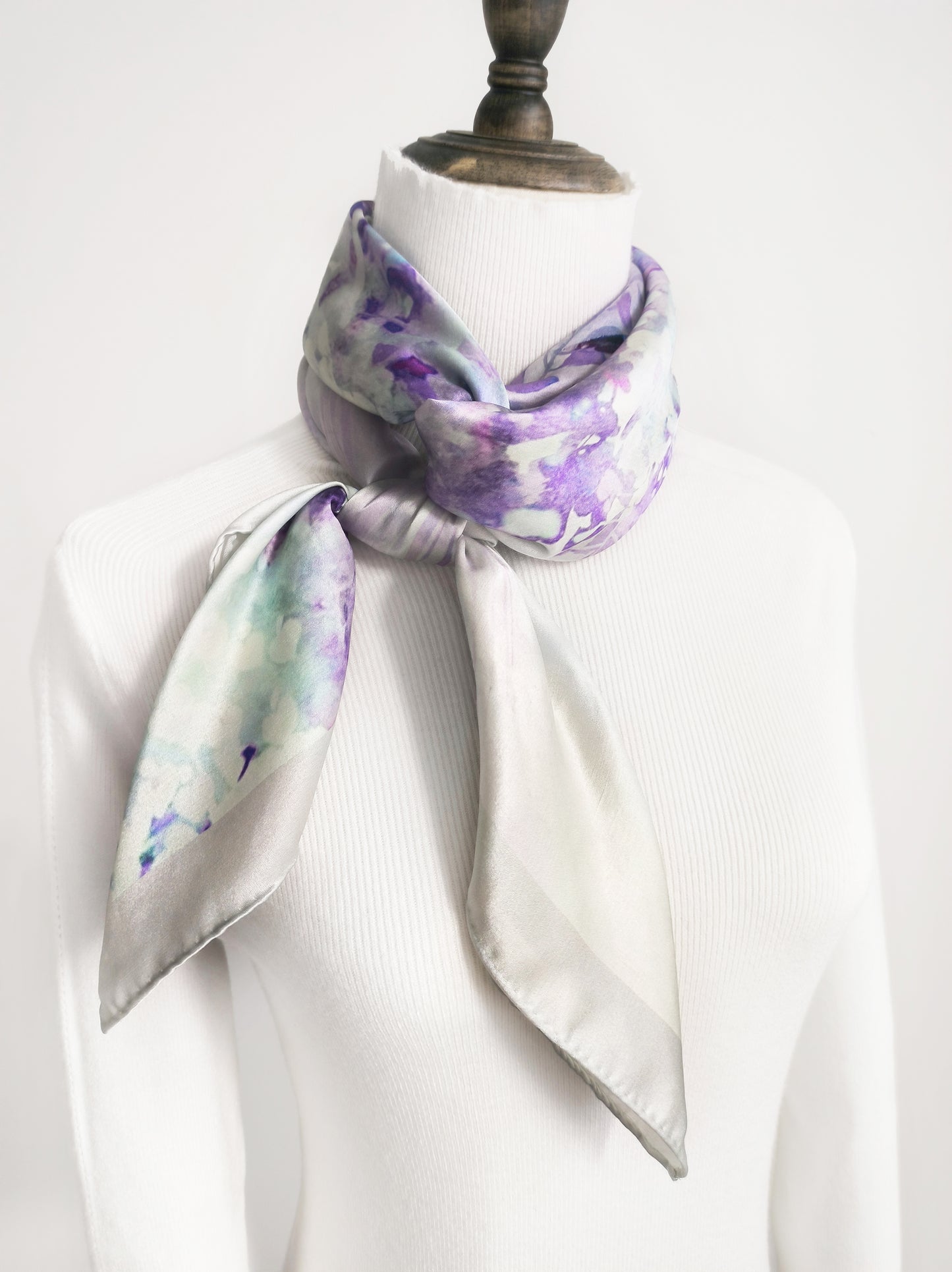 Vine and Wave Square Scarf – Pastel Purple – Silk Wool Modal Blend