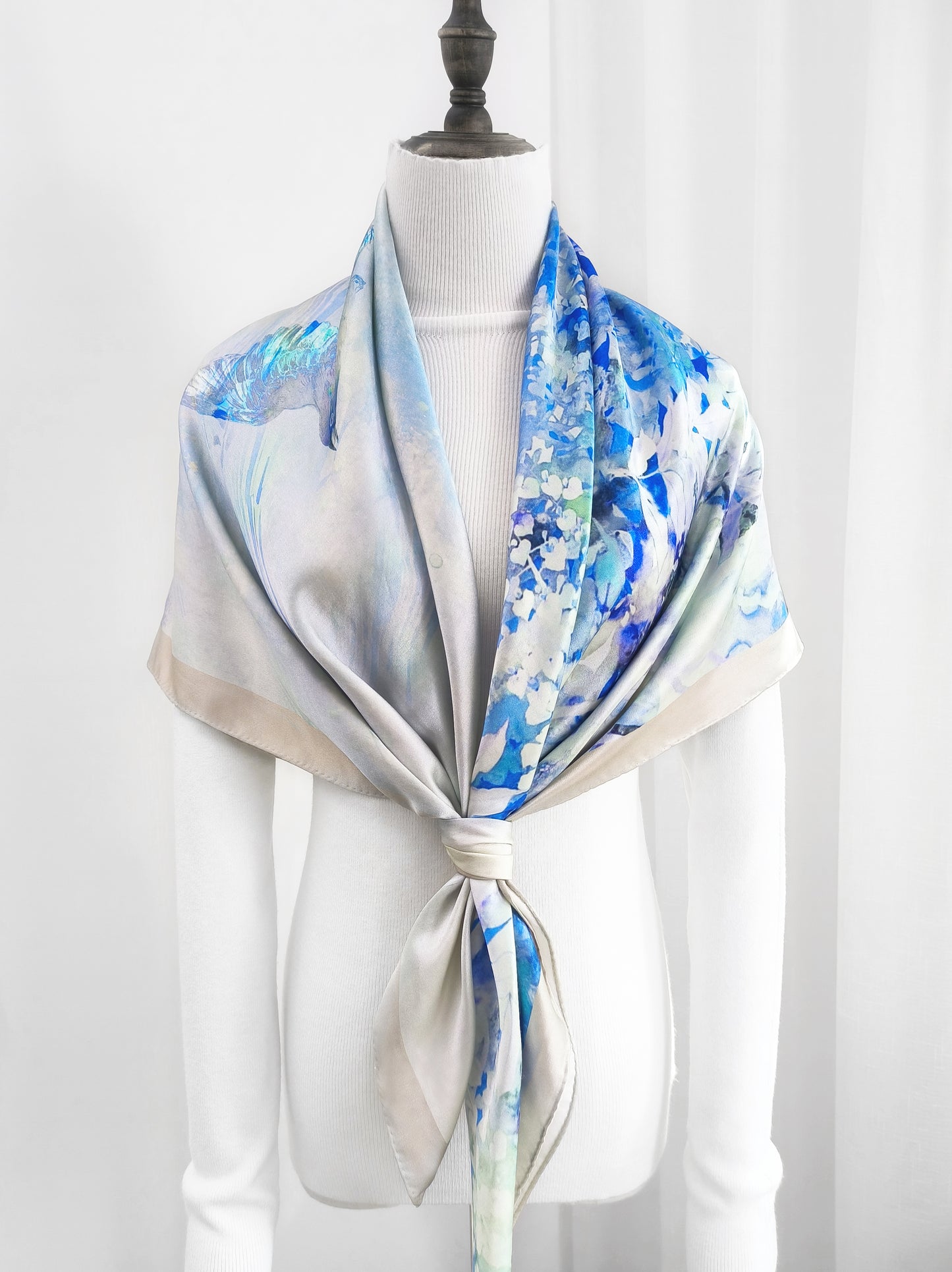 Vine and Wave Square Scarf – Soft Blue – Silk Wool Modal Blend