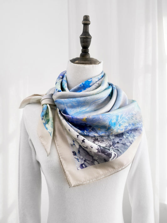 Vine and Wave Square Scarf – Soft Blue – Silk Wool Modal Blend