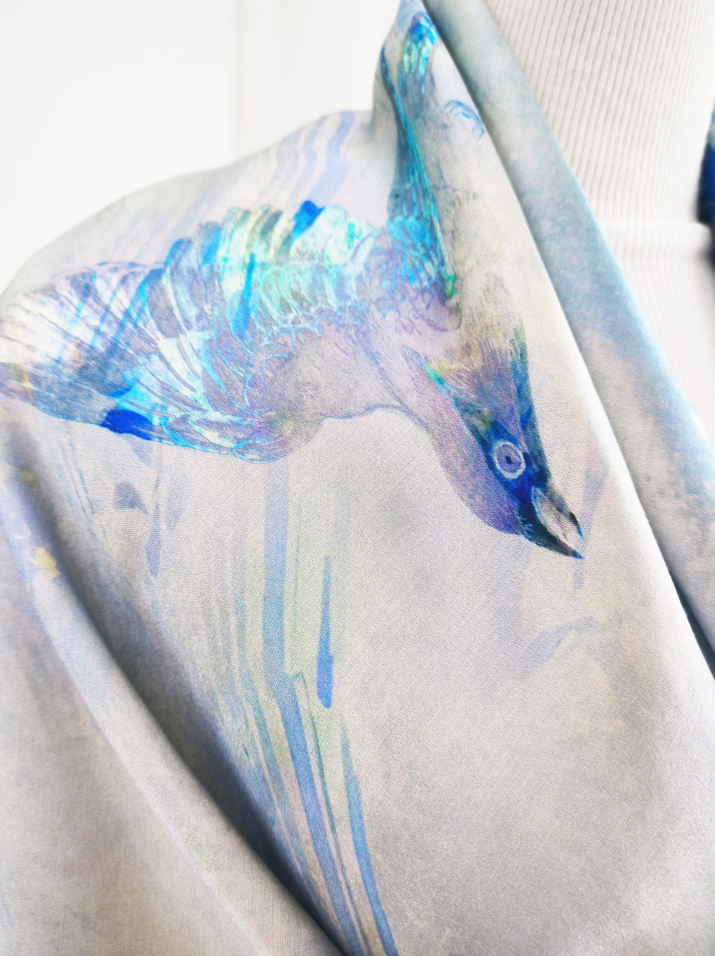 Vine and Wave Square Scarf – Soft Blue – Silk Wool Modal Blend