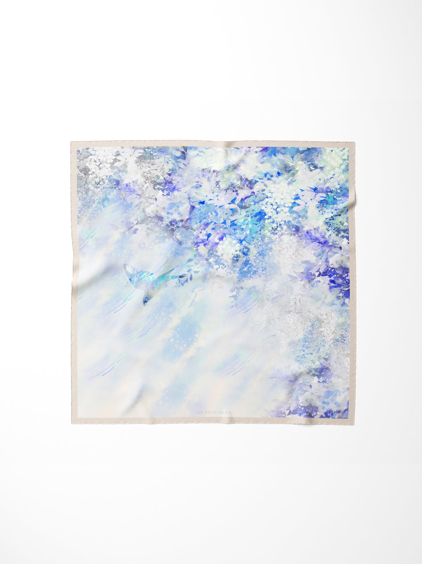 Vine and Wave Square Scarf – Soft Blue – Silk Wool Modal Blend